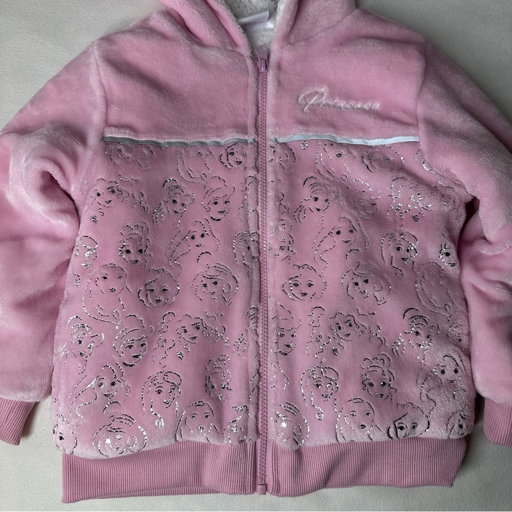 Disney Princess Pink Sherpa Zip Hoodie Girls Size 6 Cozy Glitter Jacket - Picture 2 of 9